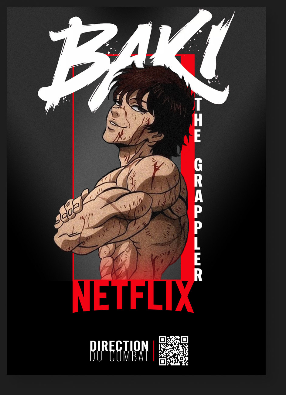 La carte Baki × Netflix : Baki bras croisés, BAKI au pinceau, NETFLIX en rouge, un QR code « Direction du combat »