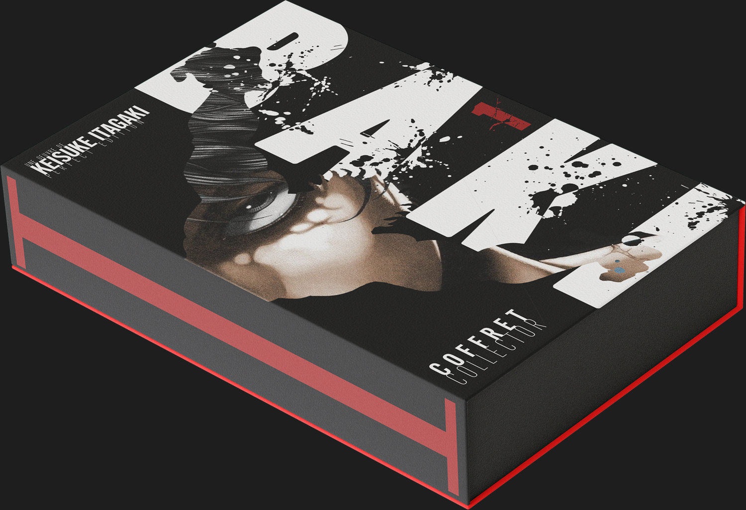 Le coffret fermé, face : BAKI en blanc éclaboussé, le visage de Baki dans l’ombre, la tranche rouge