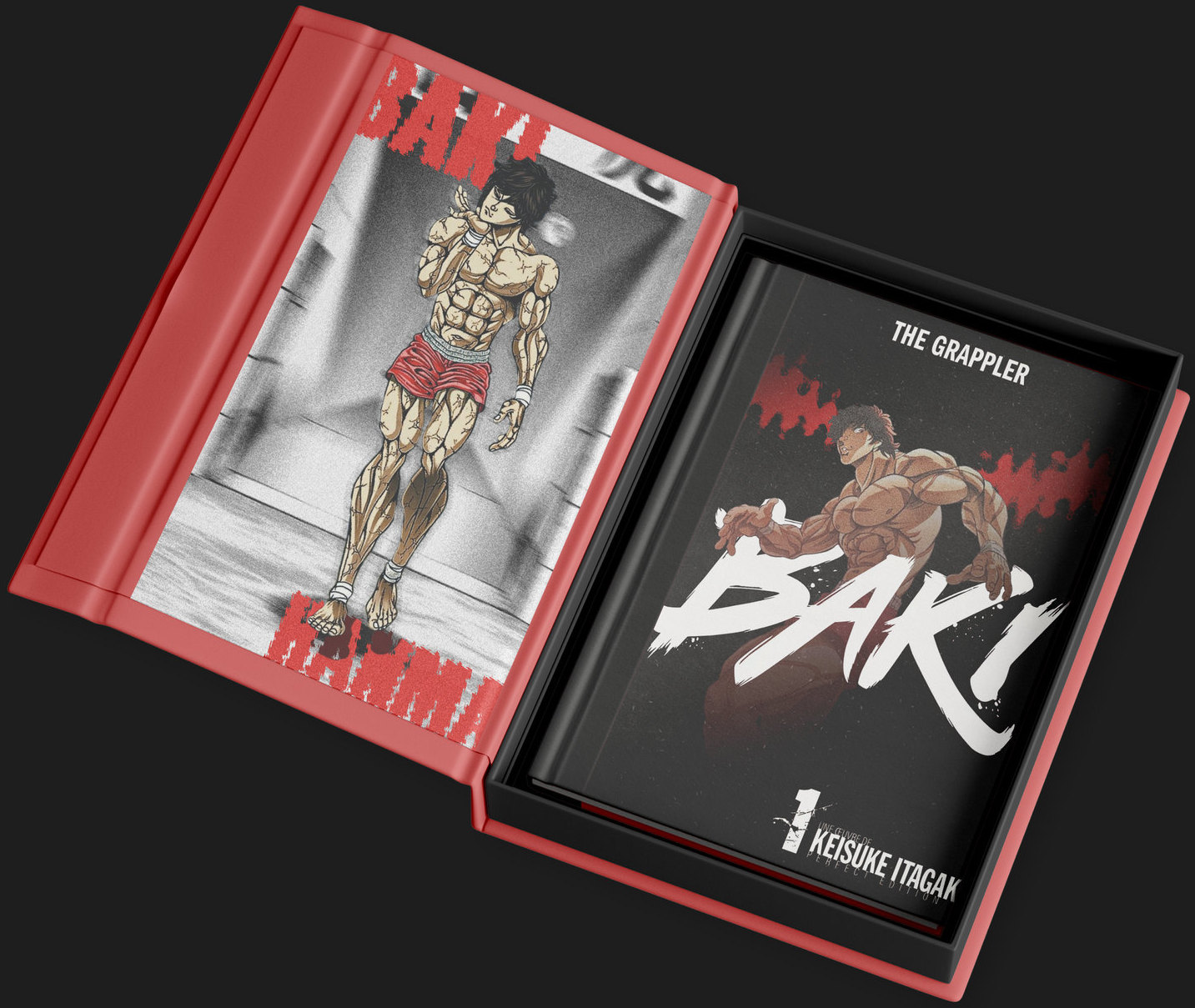 Le coffret ouvert : le marque-page Baki Hanma dans le couvercle, le volume 1 rangé dans le coffret