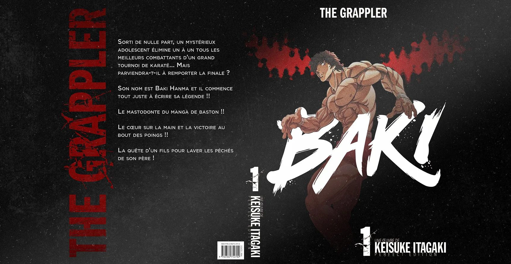 La jaquette à plat : « The Grappler » en rouge au dos, le texte de quatrième, BAKI au pinceau en couverture