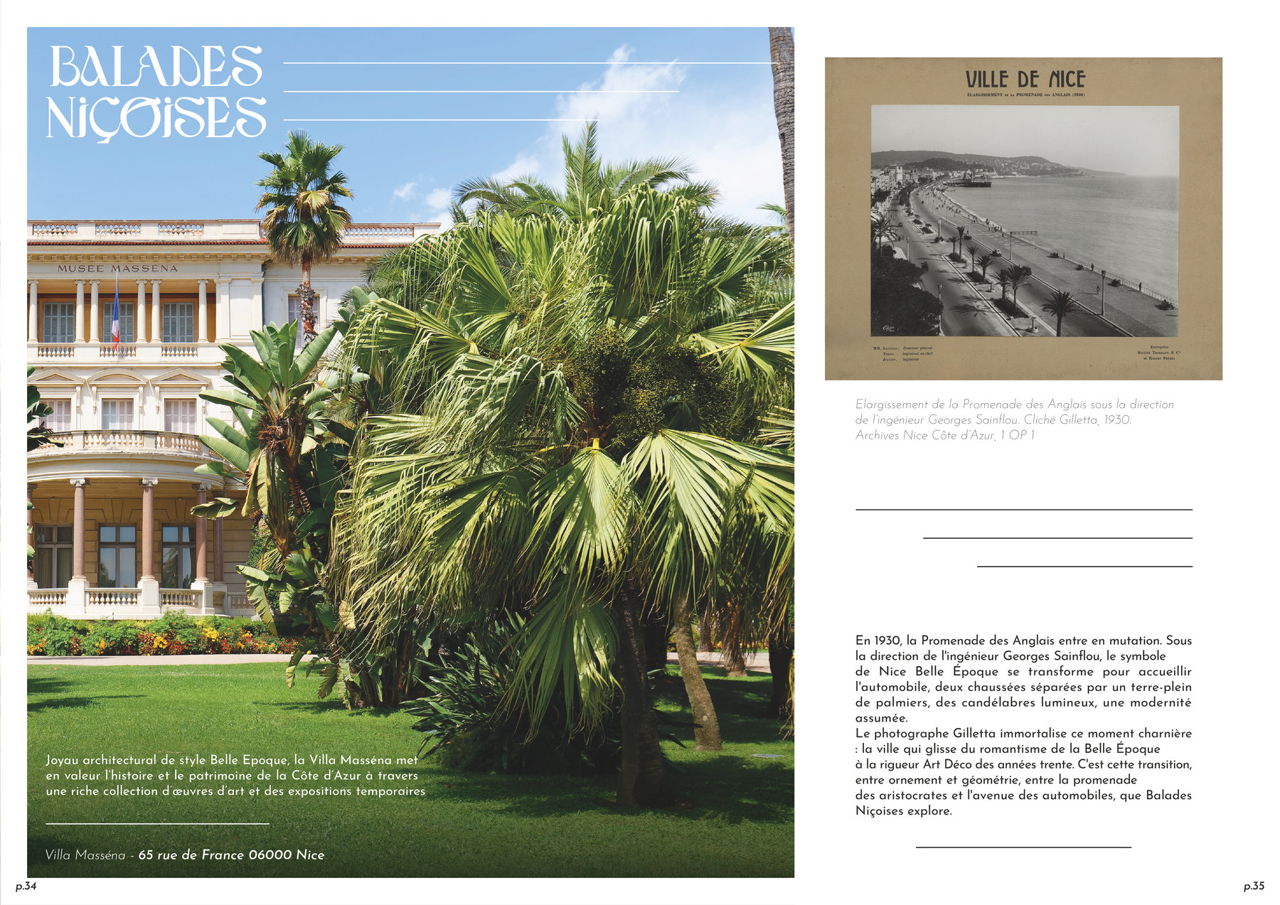 La double page à plat : à gauche le titre en Massena sur la Villa Masséna, à droite une photo d’archive de la Promenade des Anglais en 1930