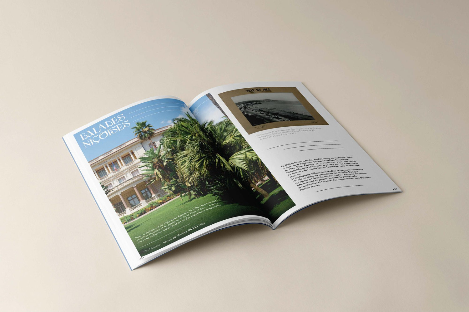 Le catalogue ouvert sur une table beige : la Villa Masséna en double page