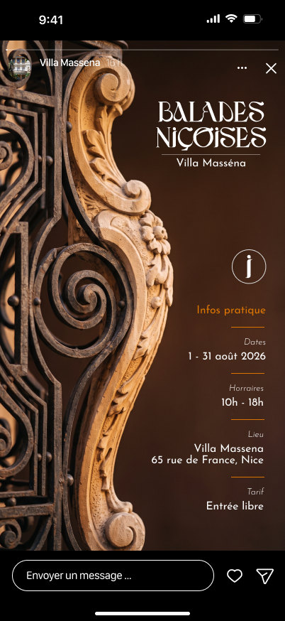 Story Instagram : le logo-titre sur une ferronnerie sculptée, le i, les dates, horaires, lieu et tarif
