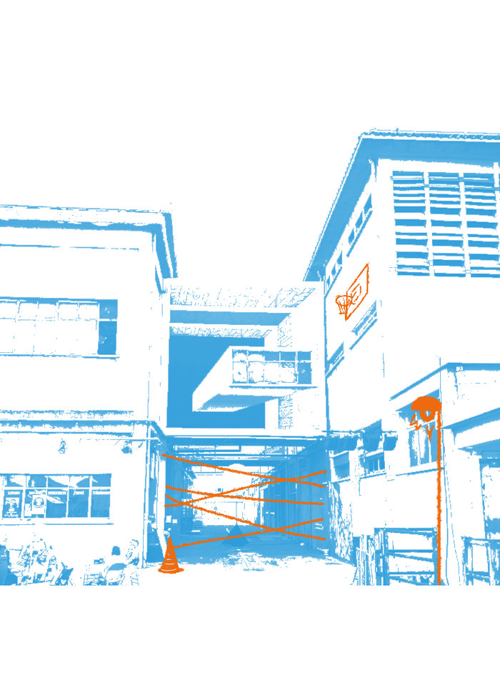 Le 109 en cyan, avec des traits orange dessinés sur la façade