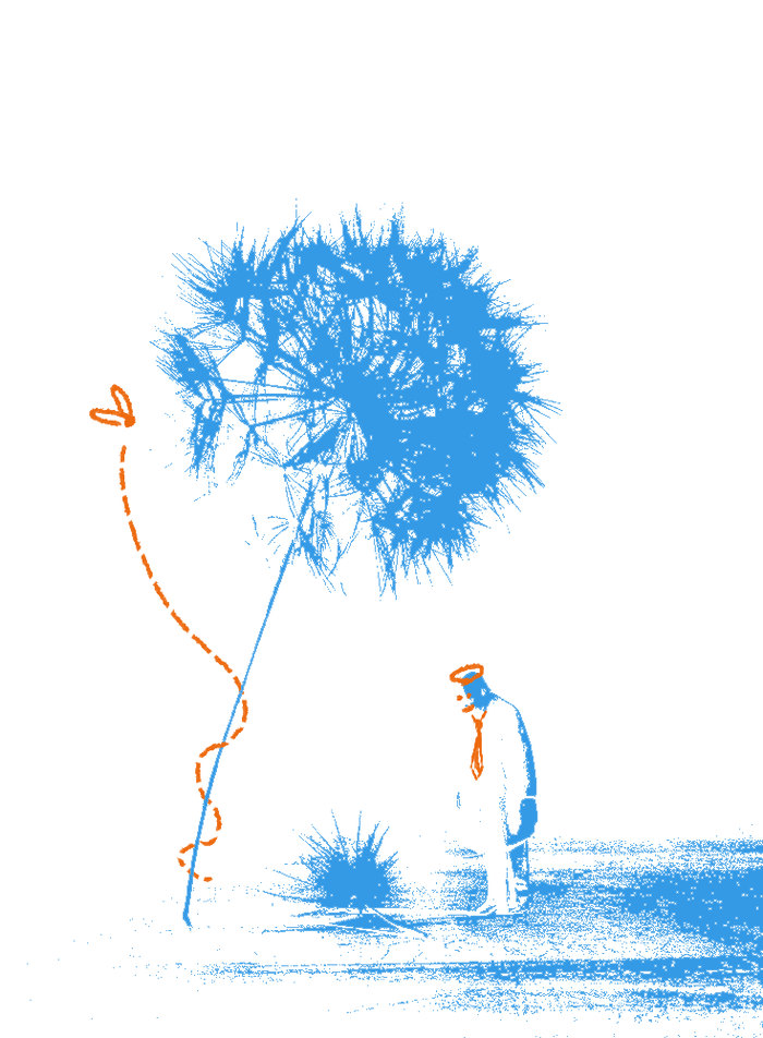 Un pissenlit en cyan, relié par un fil orange à un petit personnage
