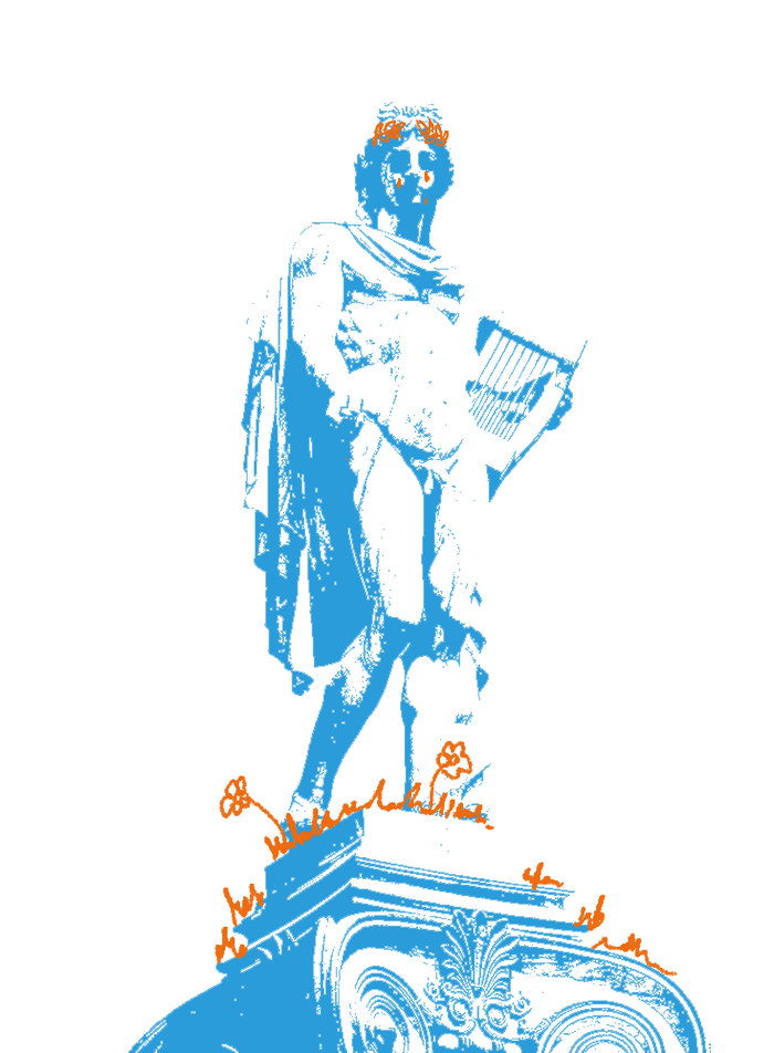 Une statue en cyan, des herbes orange dessinées sur son socle