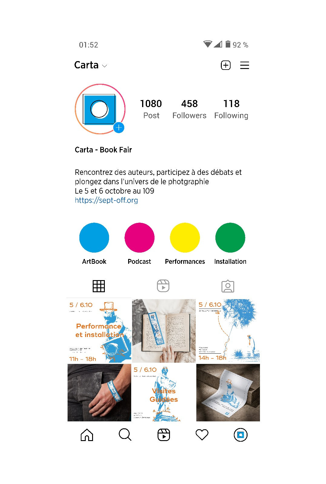 Le profil Instagram Carta : quatre pastilles de couleur et la grille des publications