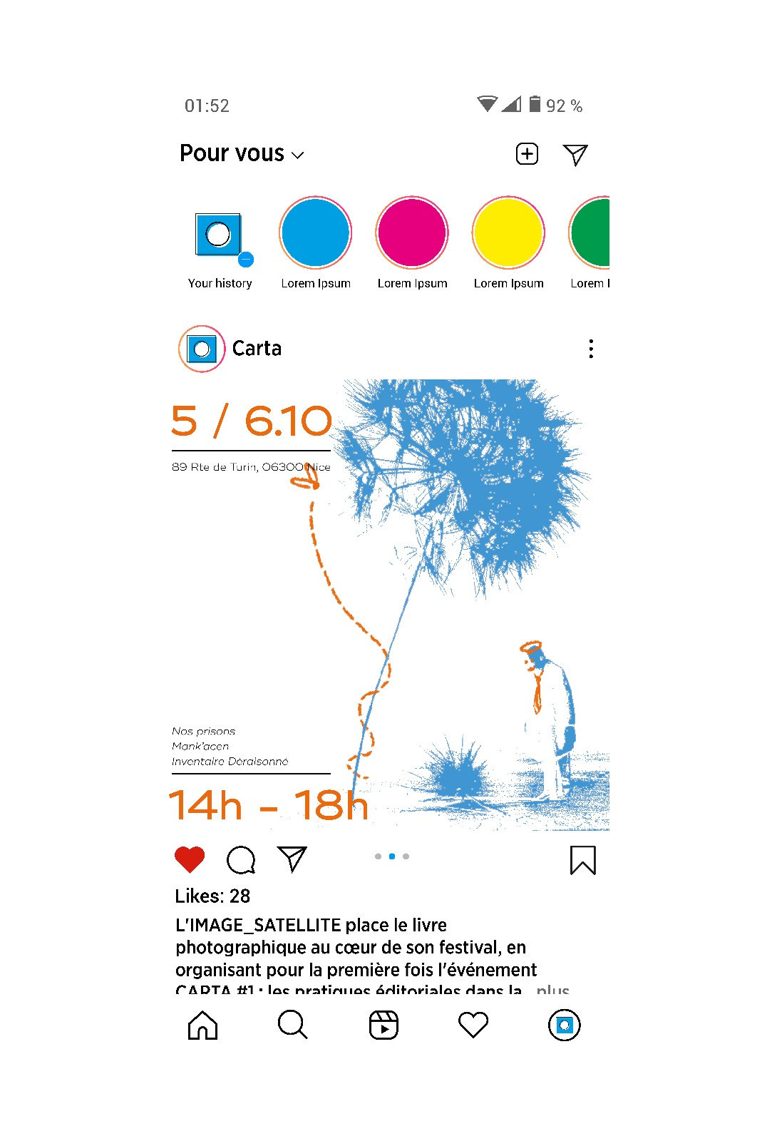 Une publication Instagram Carta : « 5 / 6.10 », le pissenlit et « 14h – 18h » en orange