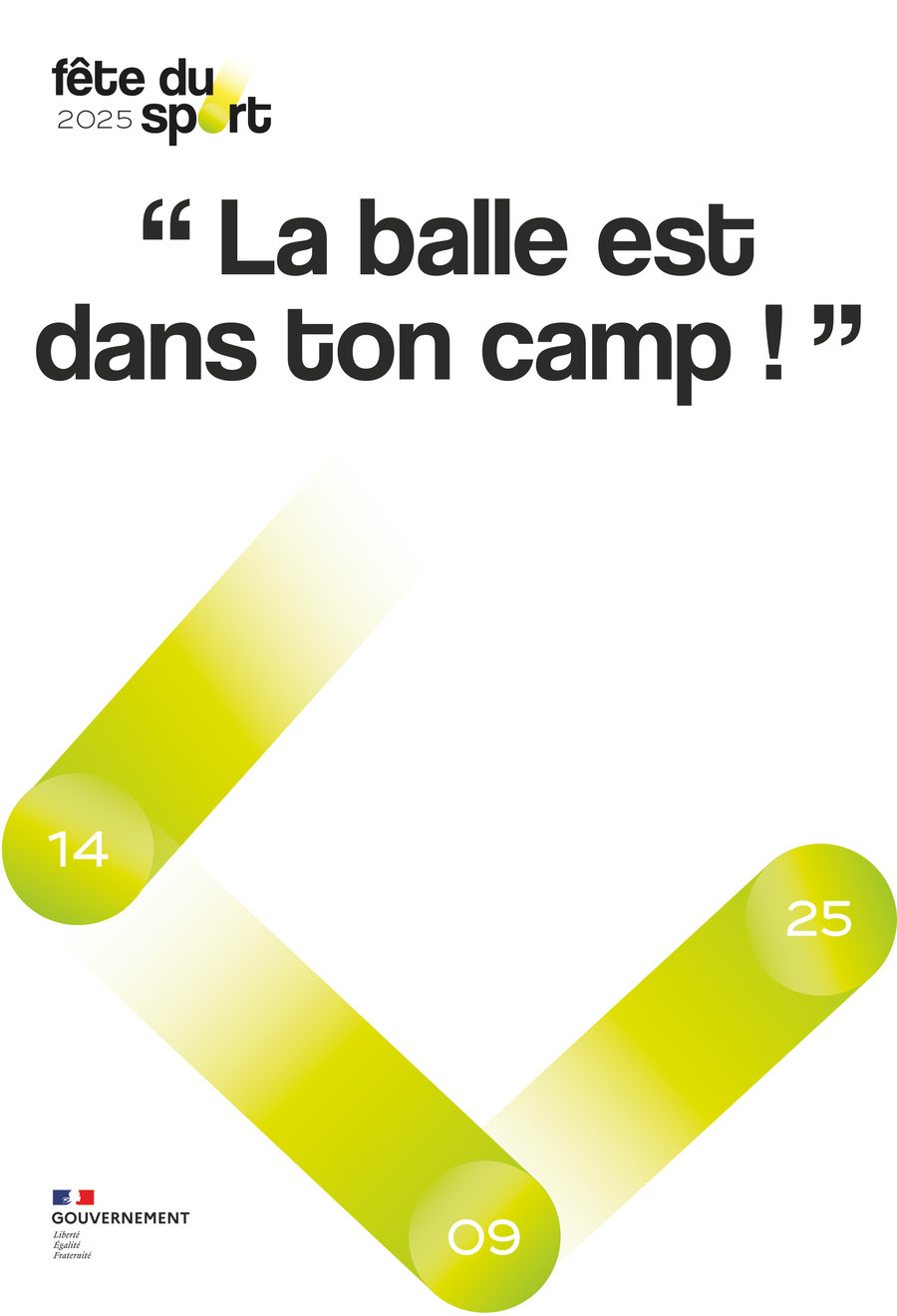 L’affiche « La balle est dans ton camp ! » : des formes vert-jaune en V