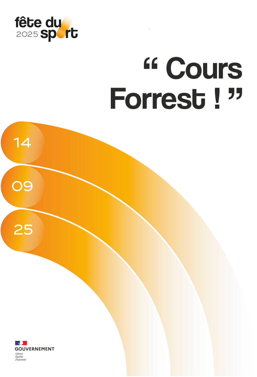 L’affiche « Cours Forrest ! » : trois couloirs orange qui tournent comme une piste