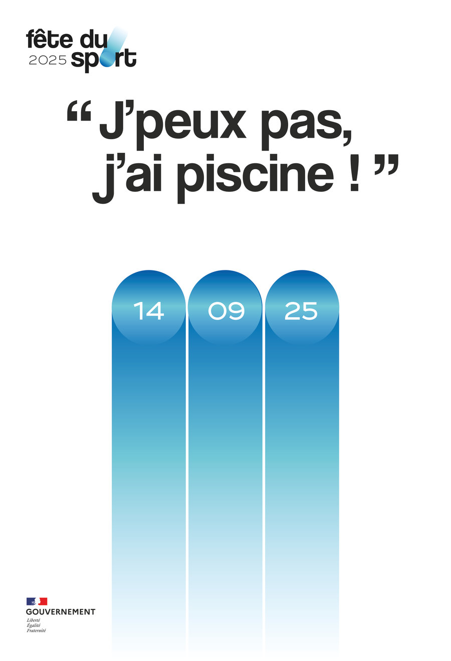 L’affiche « J’peux pas, j’ai piscine ! » : trois couloirs bleus verticaux