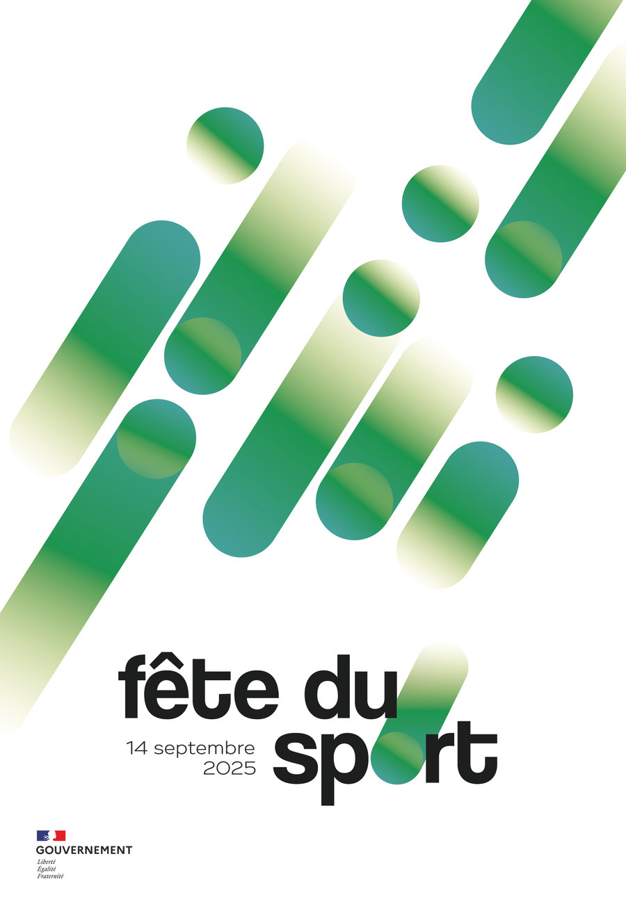 L’affiche principale : des formes arrondies vertes en dégradé tombent en diagonale au-dessus du logo