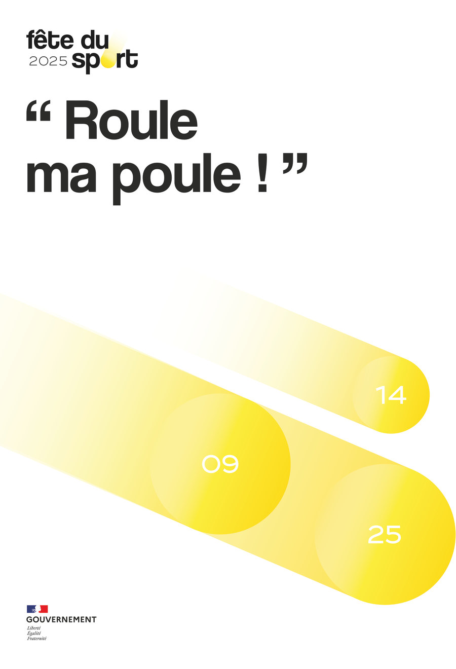 L’affiche « Roule ma poule ! » : des formes jaunes qui filent en diagonale