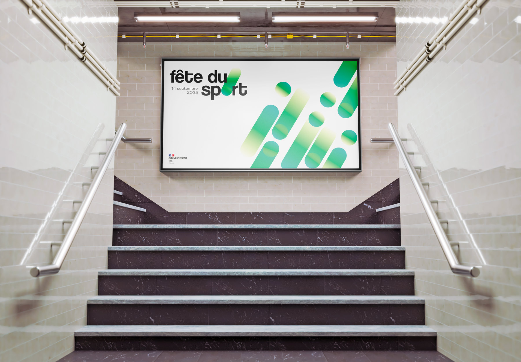 Le même panneau en vert : le logo et les formes vertes