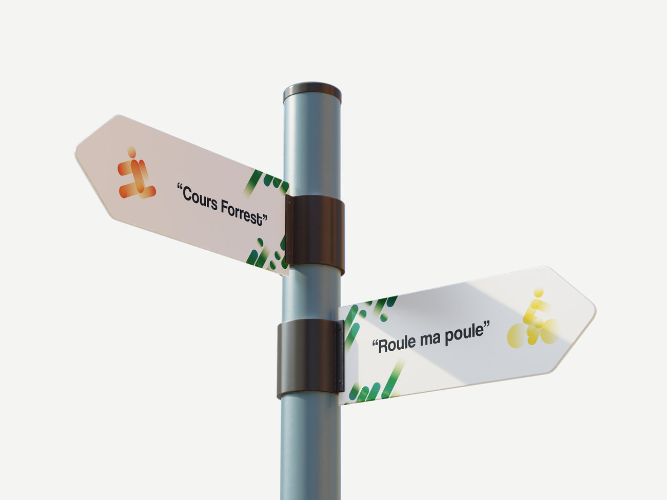 Deux panneaux directionnels sur un poteau : « Cours Forrest » et « Roule ma poule »