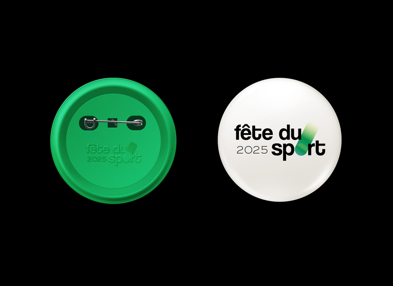 Deux pins ronds, un vert et un blanc, avec le logo
