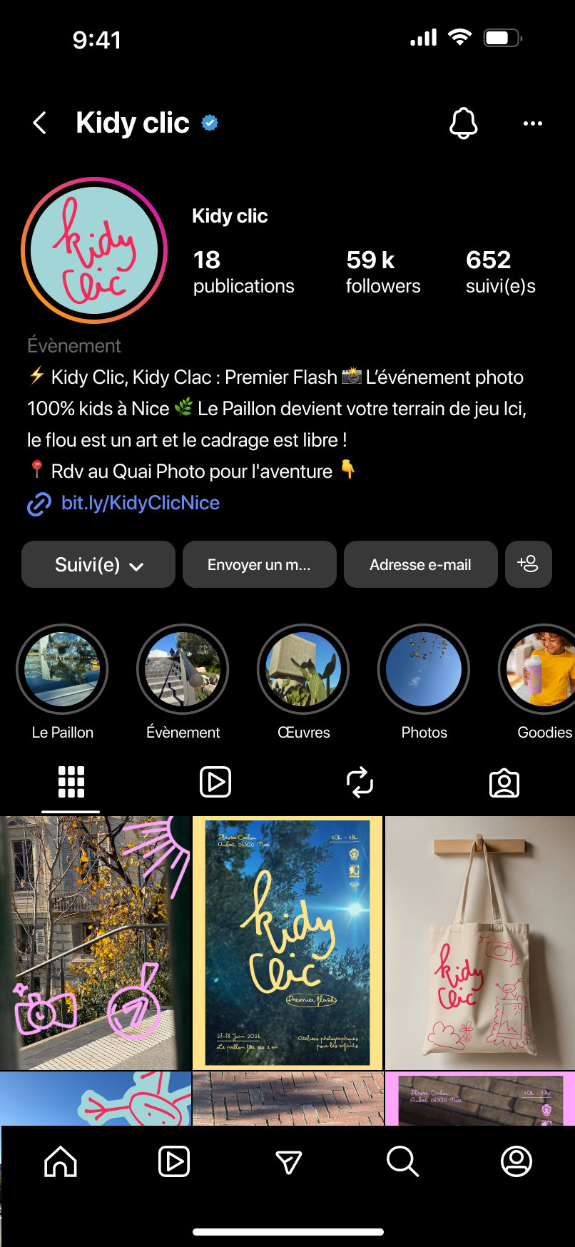 Le compte Instagram Kidy Clic : la bio, les stories à la une et la grille des publications
