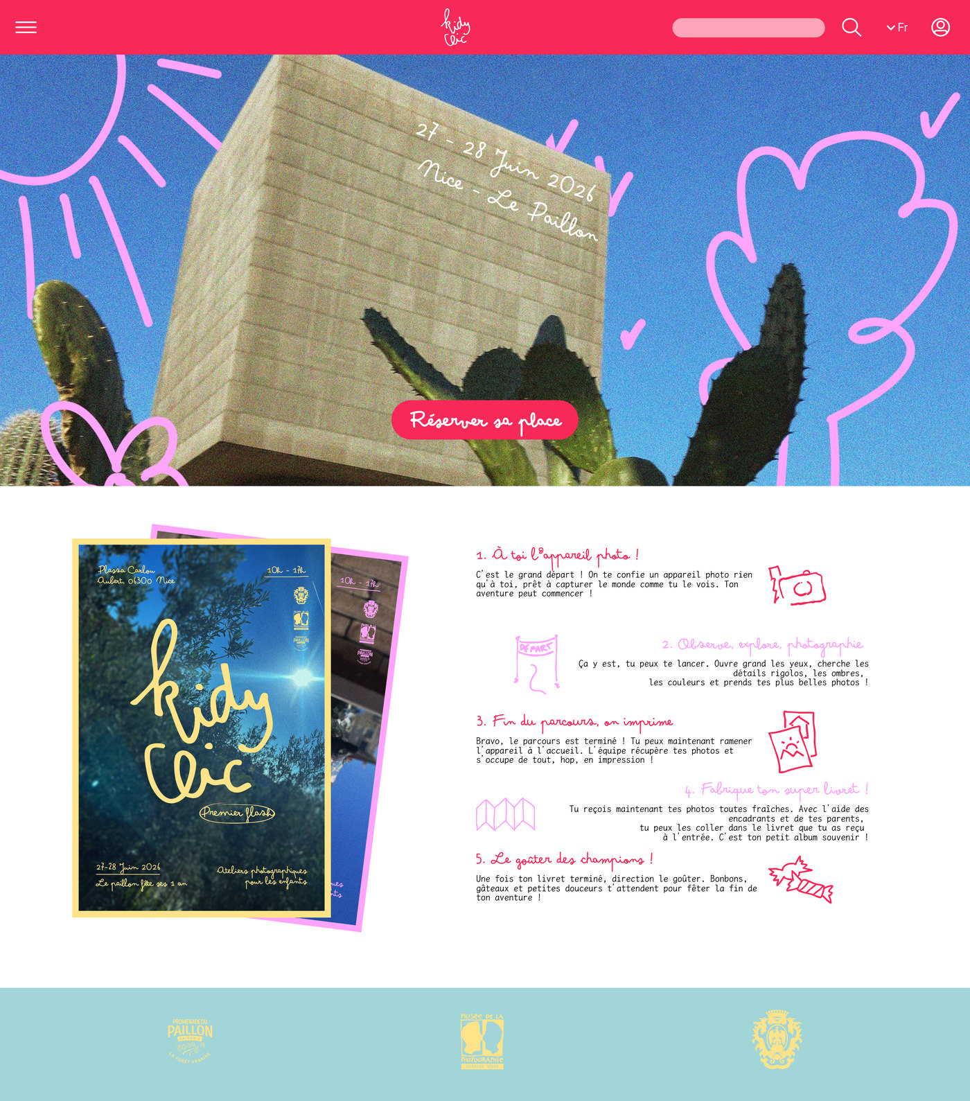 La landing page Kidy Clic en entier : la photo dessinée en tête, le bouton « Réserver sa place », les affiches et le programme