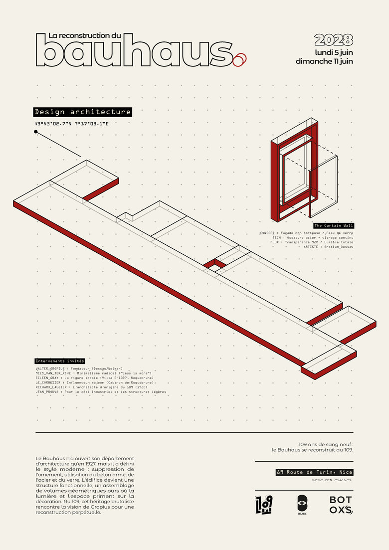L’affiche Architecture : la zone rouge du 109 et le Curtain Wall en isométrie