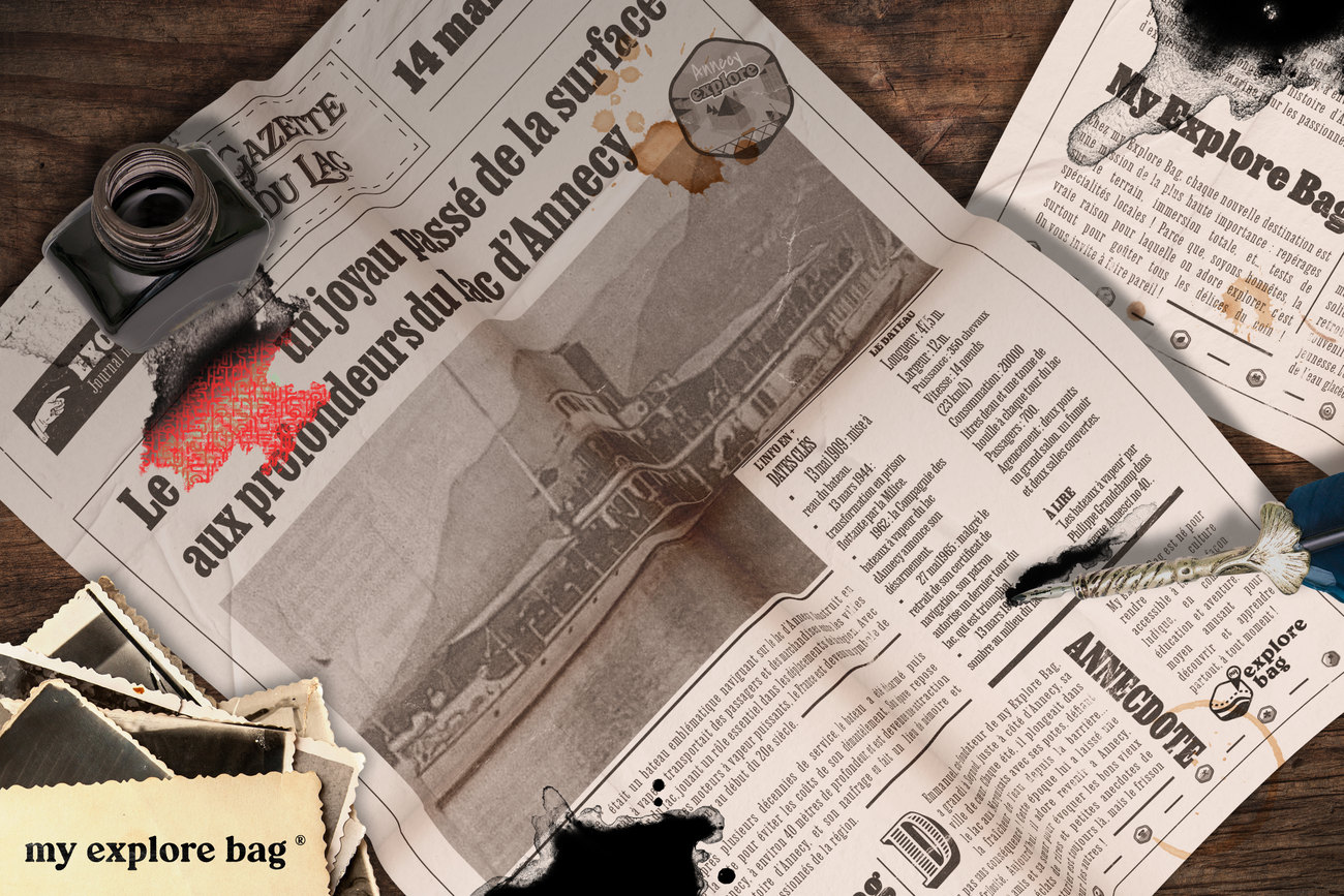 La Gazette du Lac, faux journal ancien, sur une table avec un appareil photo