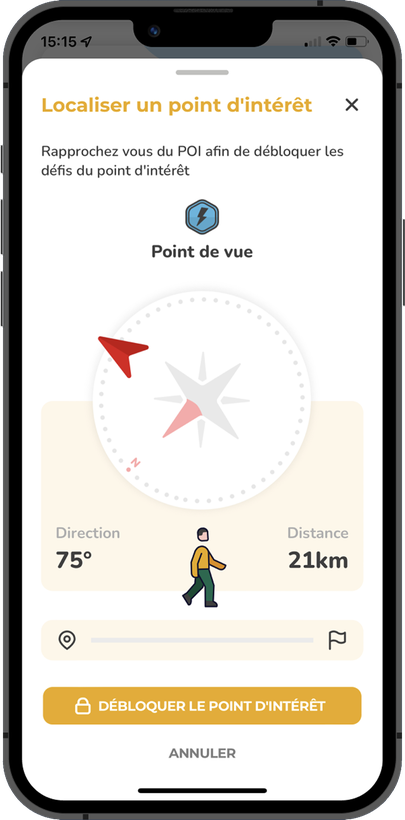 Écran « Localiser un point d’intérêt » : la super boussole, cap et distance