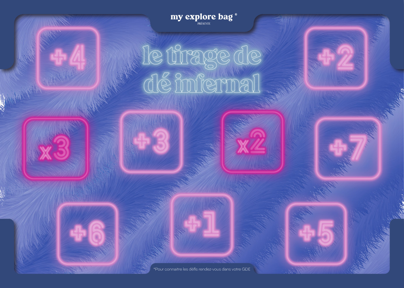 Plateau « Le tirage de dé infernal » : des cases néon sur fond de fourrure bleue
