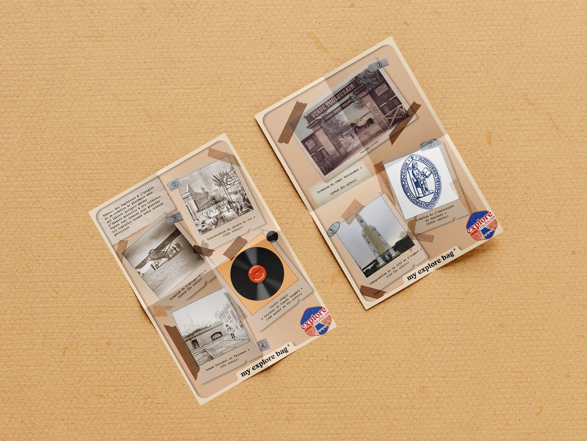 Les deux fiches de polaroïds pliées, sur fond kraft