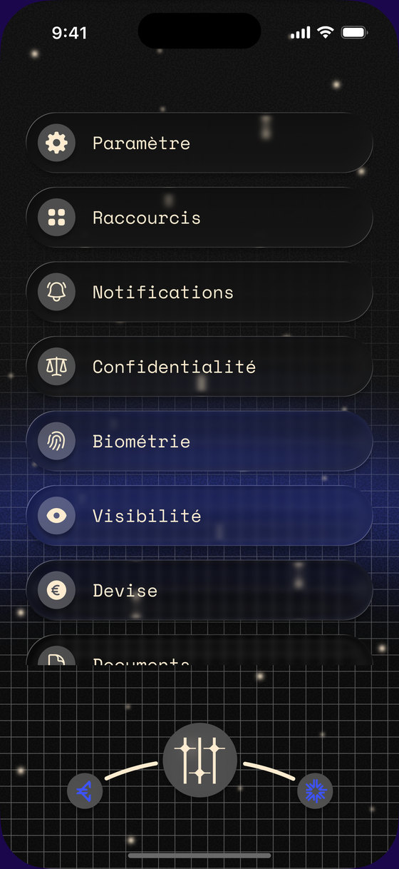 Écran Paramètres : raccourcis, notifications, confidentialité, biométrie