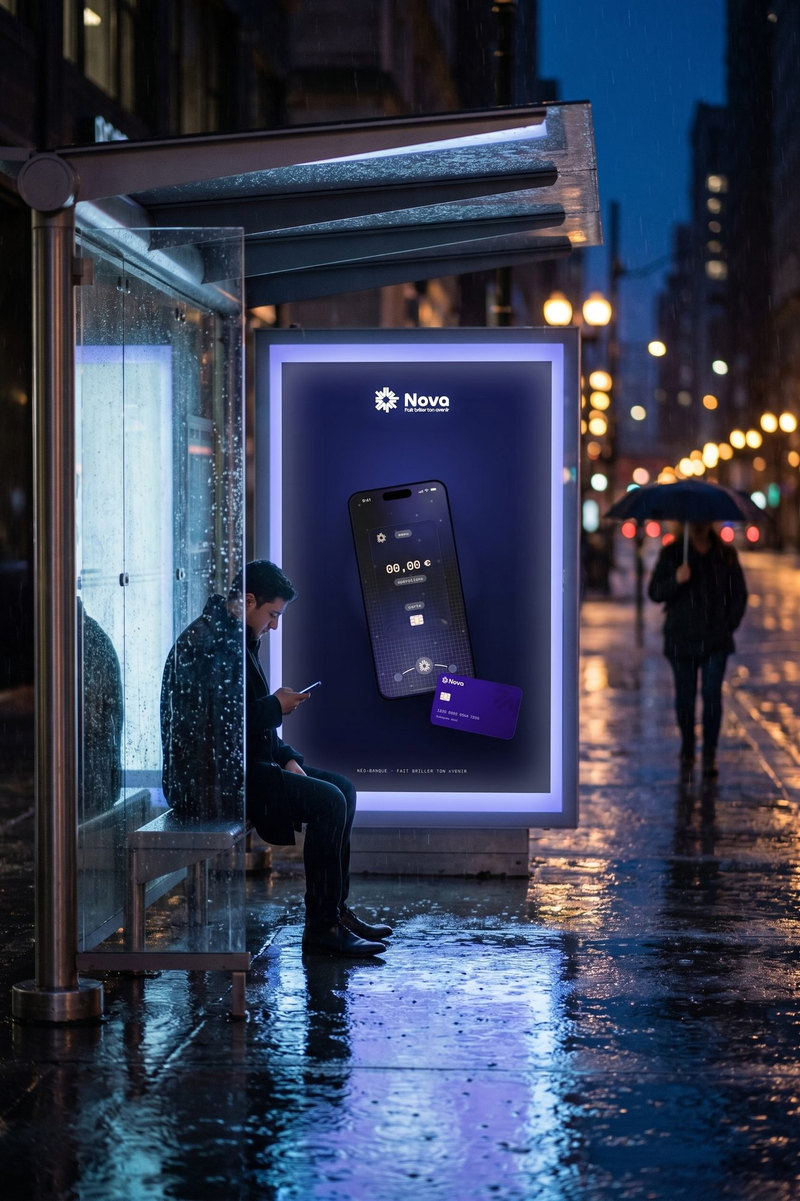 L’affiche Nova éclairée dans un abribus, de nuit, sous la pluie
