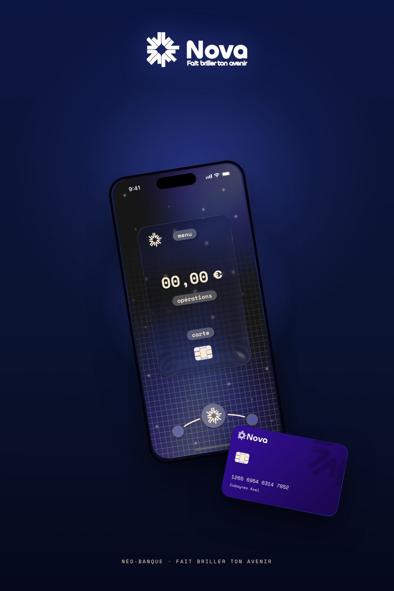 L’affiche Nova : le logo, un téléphone avec l’appli et la carte bancaire