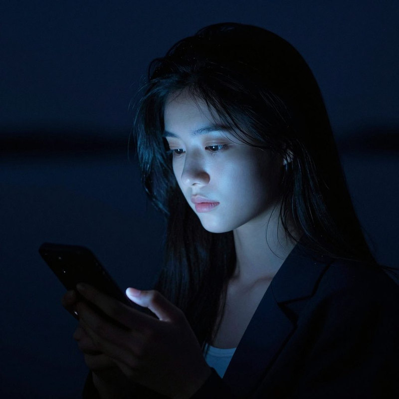 Une jeune femme, le visage éclairé par son téléphone, dans le noir