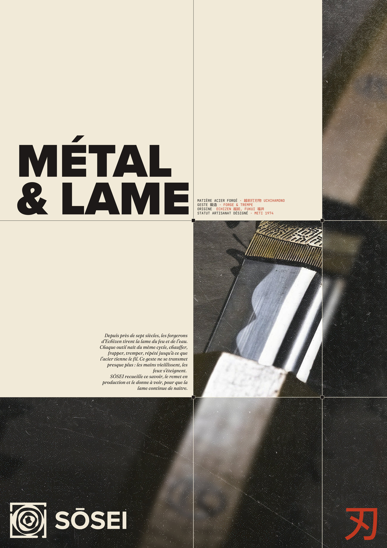 Affiche Métal & Lame : une lame forgée en gros plan dans la grille, le kanji 刃 en vermillon