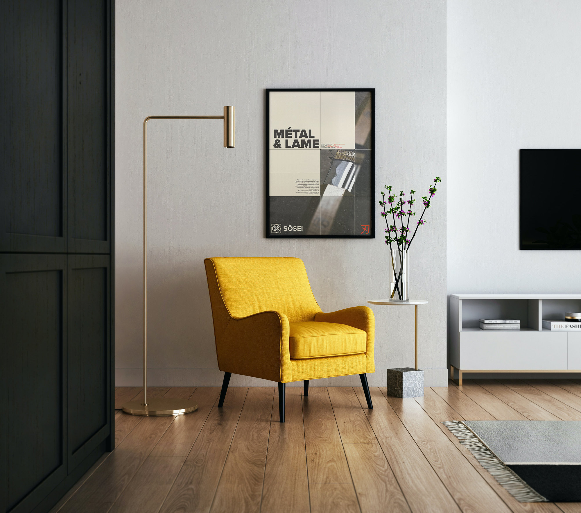 L'affiche Métal & Lame encadrée dans un salon clair, au-dessus d'un fauteuil jaune