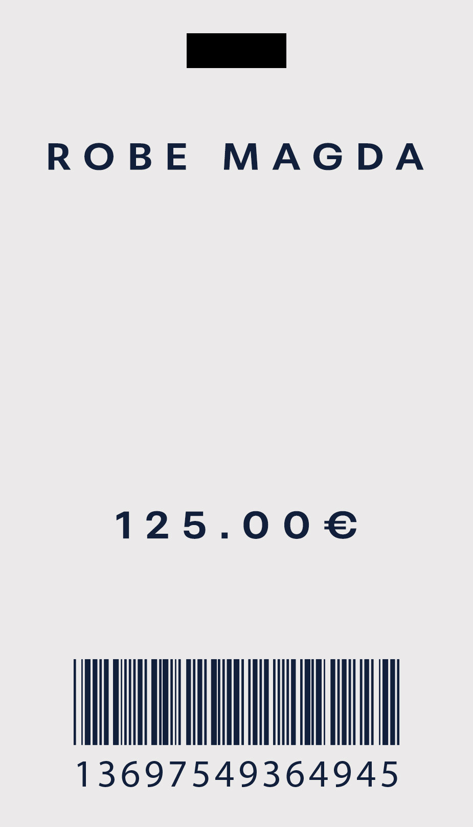 Verso de l’étiquette : Robe Magda, 125.00 €, code-barres