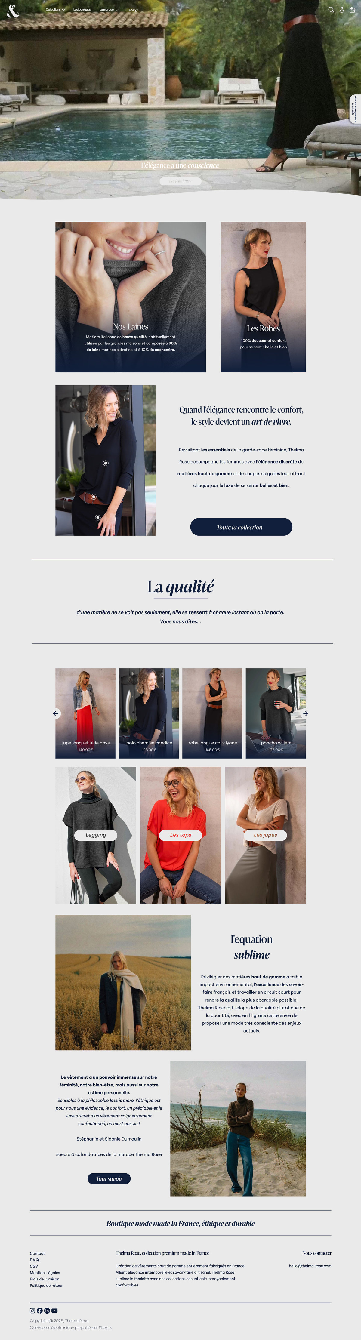 La page d’accueil complète du site Thelma & Rose : film d’ouverture, laines et robes, pièces iconiques, campagne, pied de page